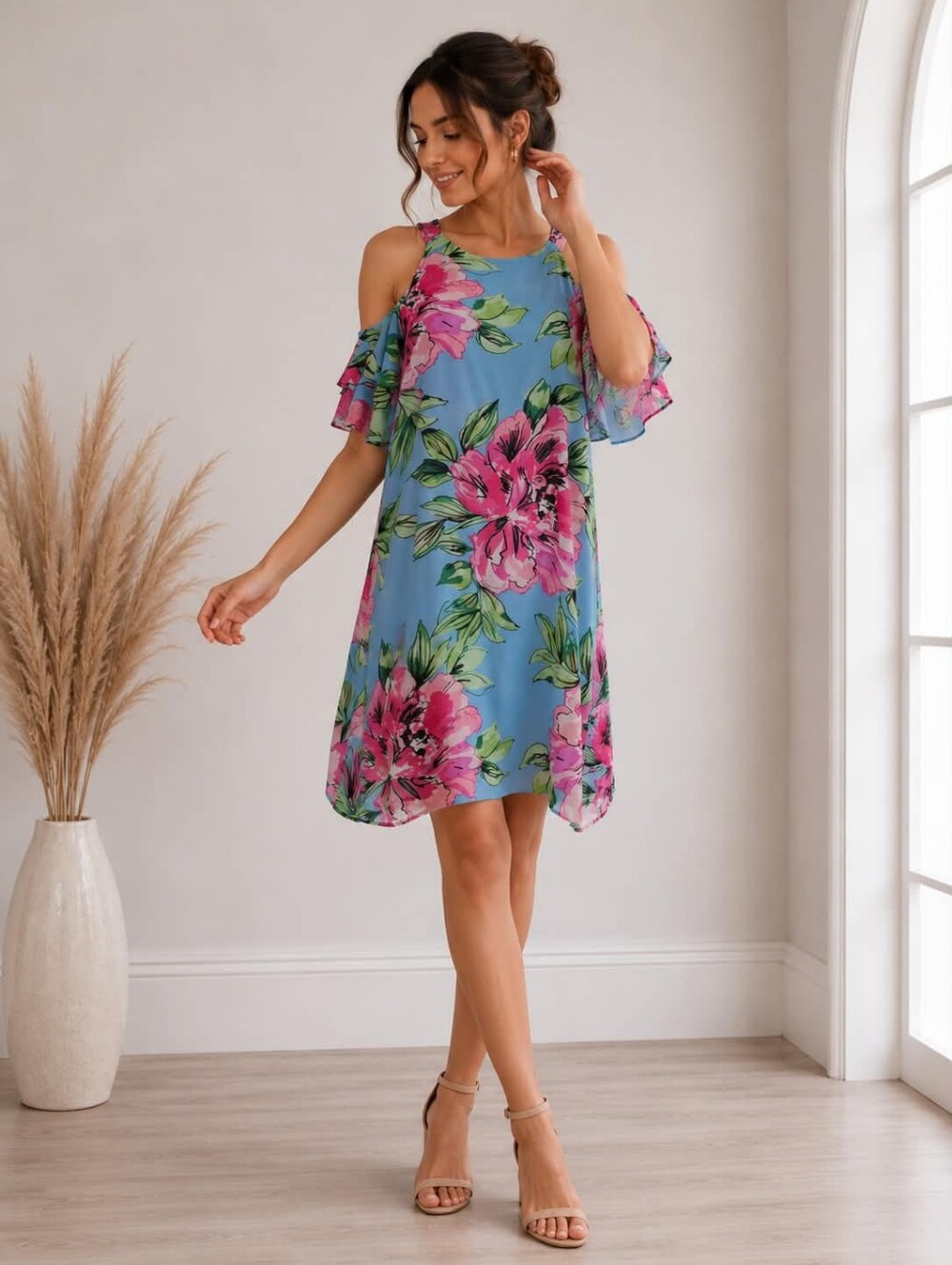 Vince Camuto Blue Floral Cold-Shoulder Mini Dress S